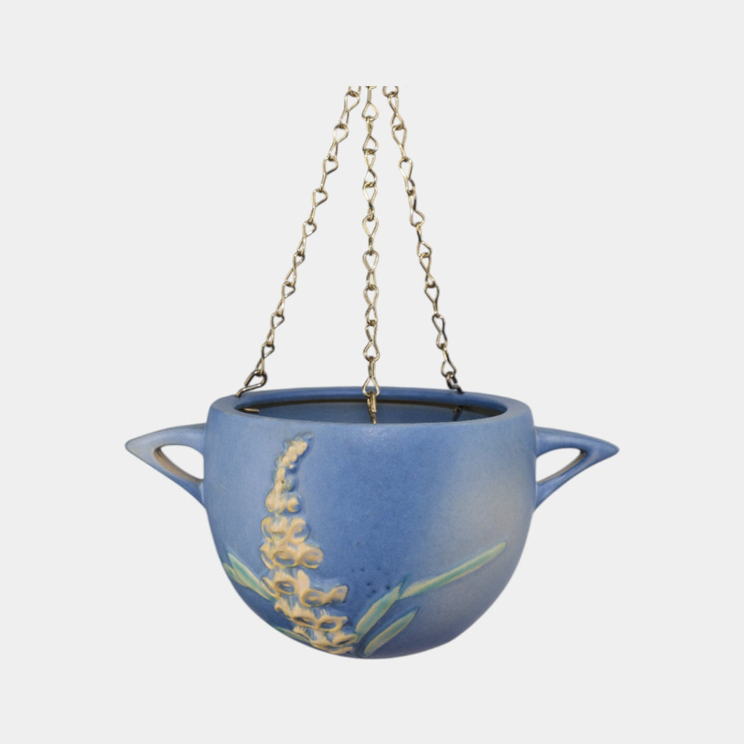 Roseville Foxglove 1942 Art Deco Pottery Blue Hanging Basket Planter 466-5 - Just Art Pottery