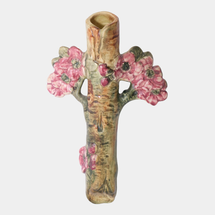 Weller Woodcraft 1920s Vintage Pottery Brown Red Floral Ceramic Wall Pocket - Just Art Pottery