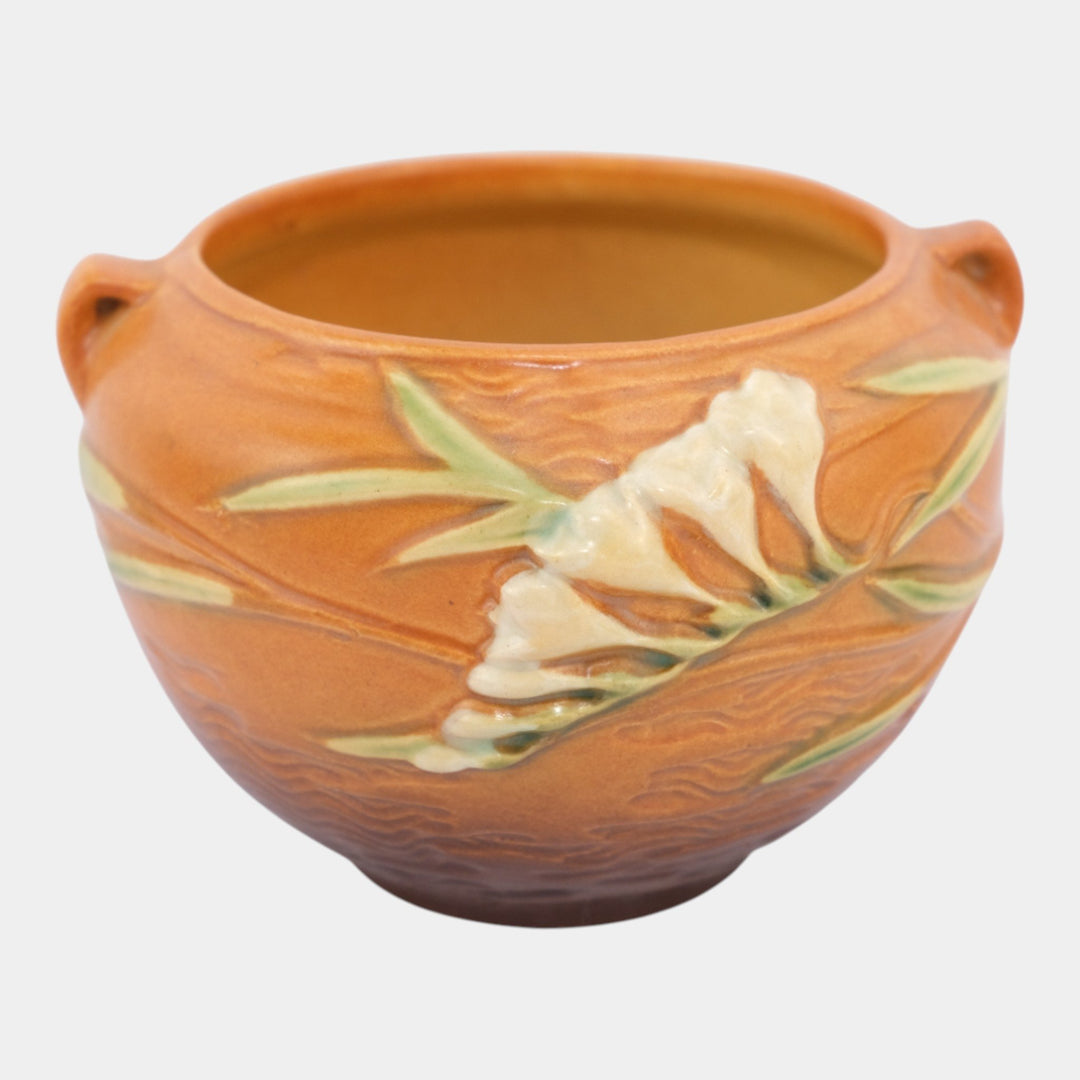 Roseville Freesia Brown 1945 Vintage Pottery Ceramic Jardiniere Planter 669-4 - Just Art Pottery