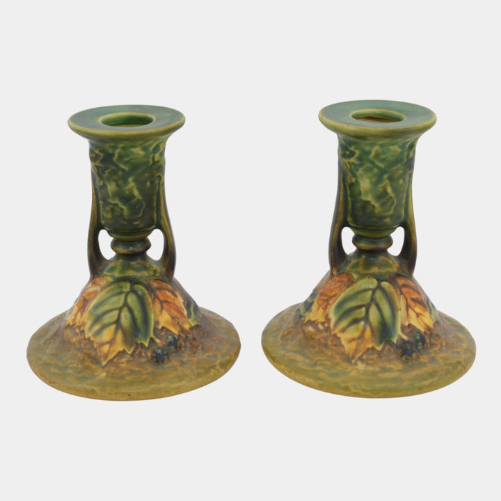 Roseville Blackberry Green 1932 Vintage Pottery Ceramic Candle Holders 1086-4