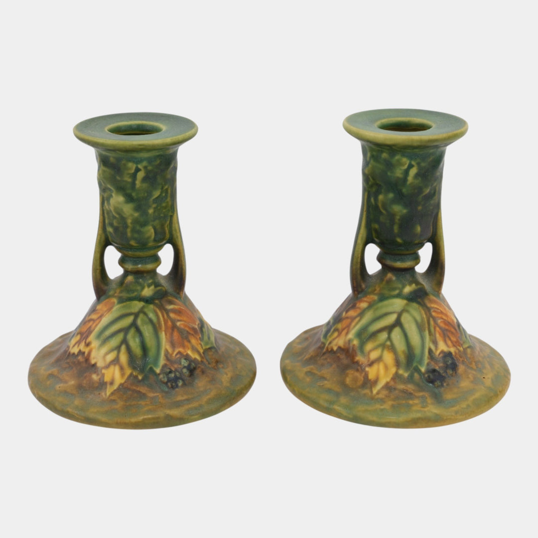 Roseville Blackberry Green 1932 Vintage Pottery Ceramic Candle Holders 1086-4
