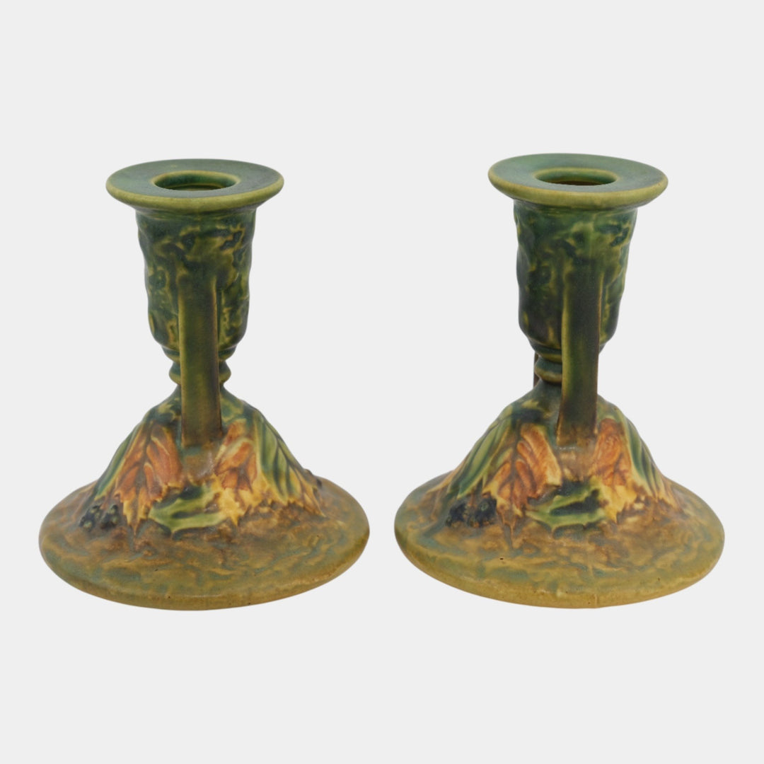 Roseville Blackberry Green 1932 Vintage Pottery Ceramic Candle Holders 1086-4