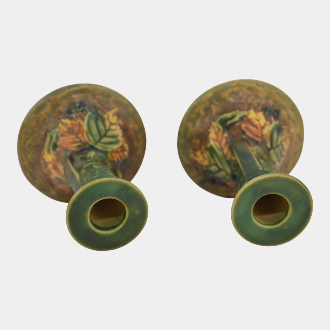 Roseville Blackberry Green 1932 Vintage Pottery Ceramic Candle Holders 1086-4