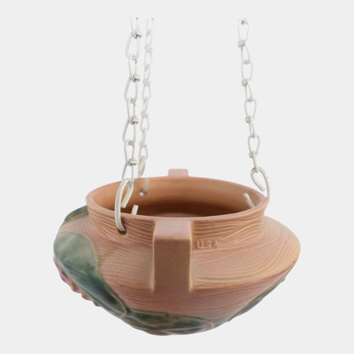 Roseville Water Lily Pink 1943 Art Deco Pottery Hanging Basket Planter 468-5