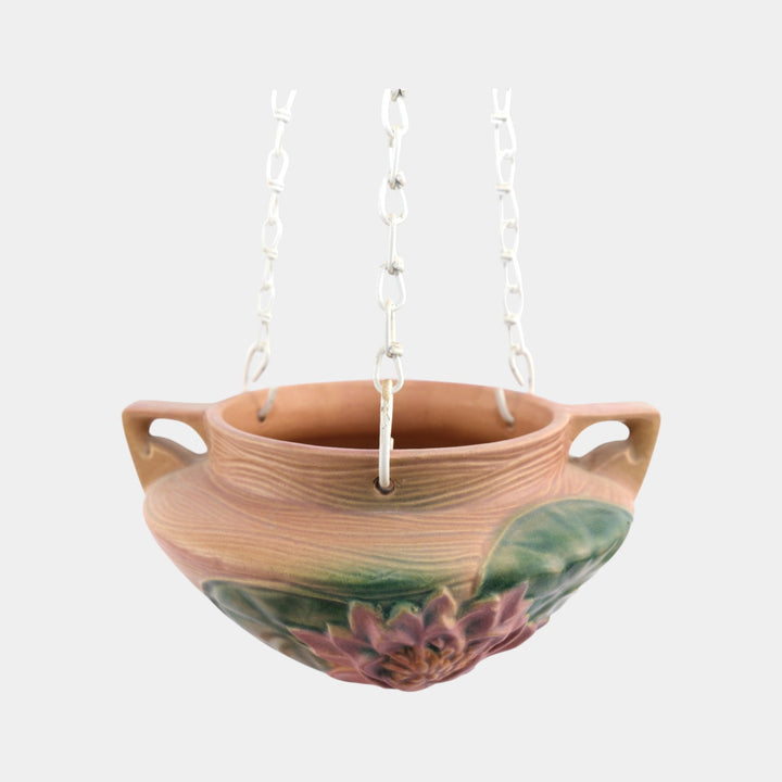 Roseville Water Lily Pink 1943 Art Deco Pottery Hanging Basket Planter 468-5