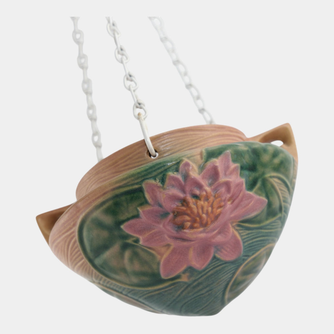 Roseville Water Lily Pink 1943 Art Deco Pottery Hanging Basket Planter 468-5