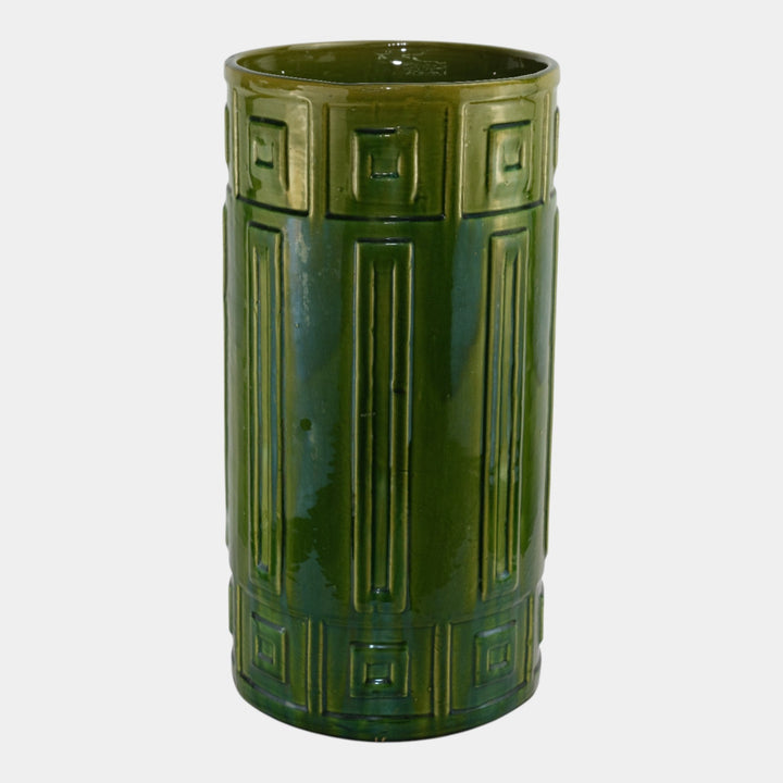 Roseville Blended Majolica Vintage Green Geometric Design Umbrella Stand 739