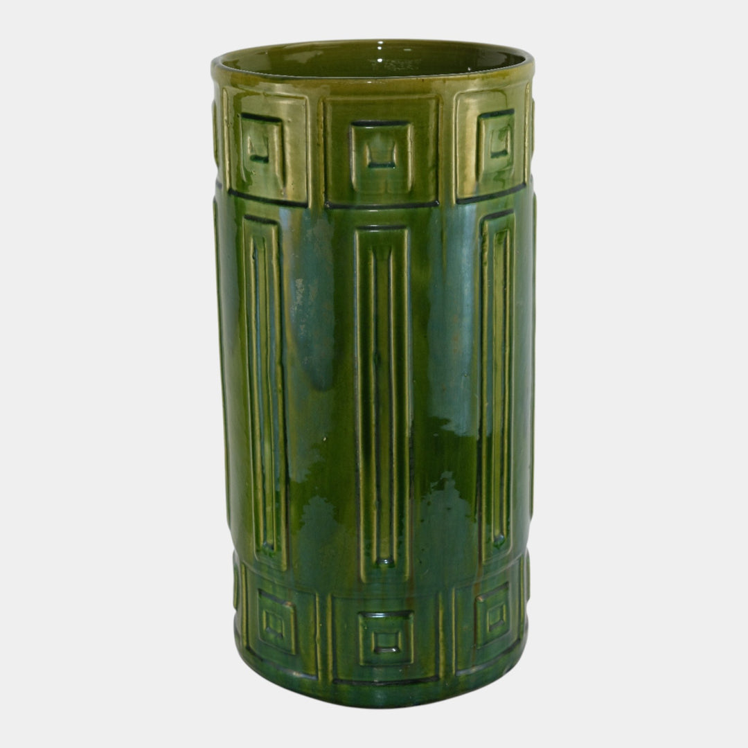 Roseville Blended Majolica Vintage Green Geometric Design Umbrella Stand 739