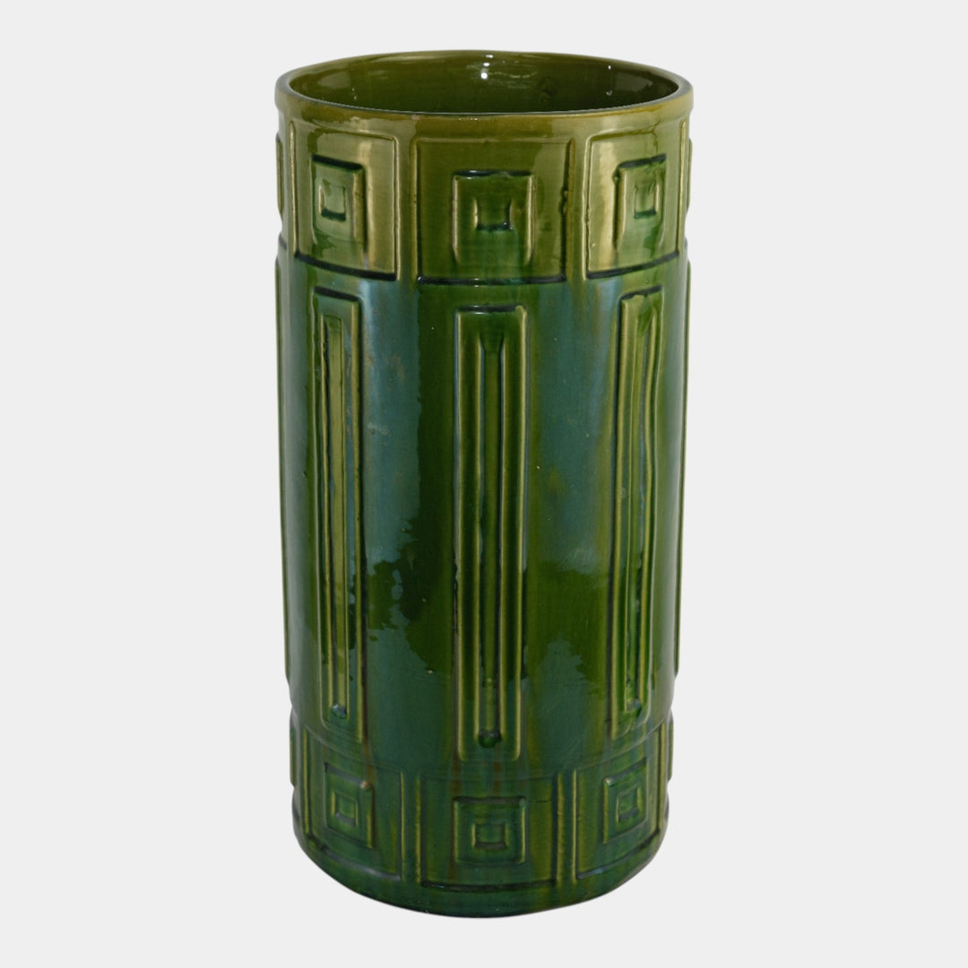 Roseville Blended Majolica Vintage Green Geometric Design Umbrella Stand 739