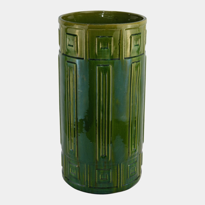 Roseville Blended Majolica Vintage Green Geometric Design Umbrella Stand 739