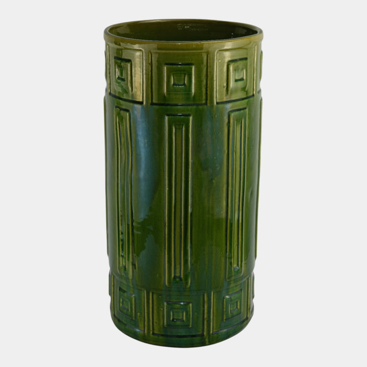 Roseville Blended Majolica Vintage Green Geometric Design Umbrella Stand 739