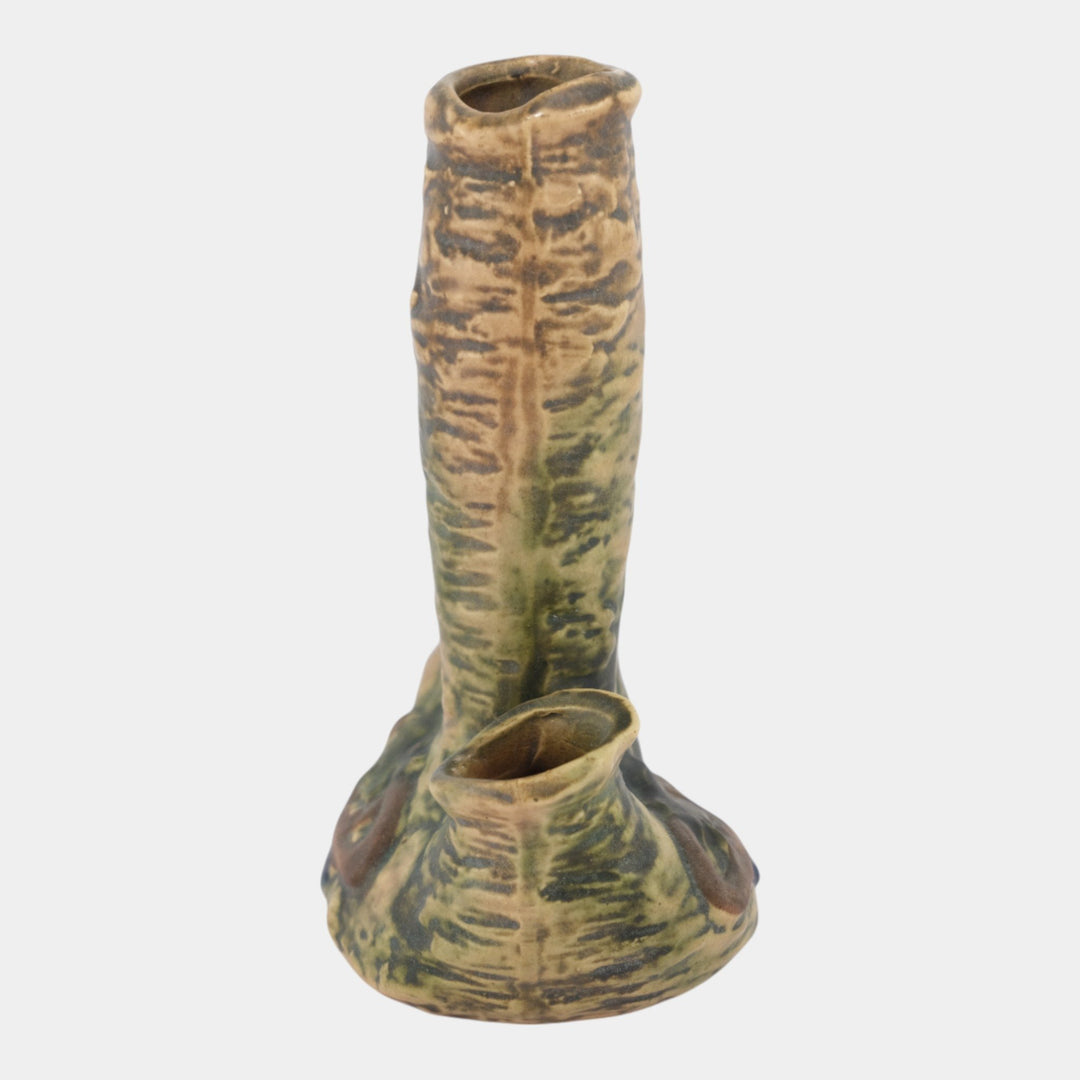 Roseville Imperial I 1921 Vintage Arts And Crafts Pottery Brown Triple Vase 29-8 - Just Art Pottery