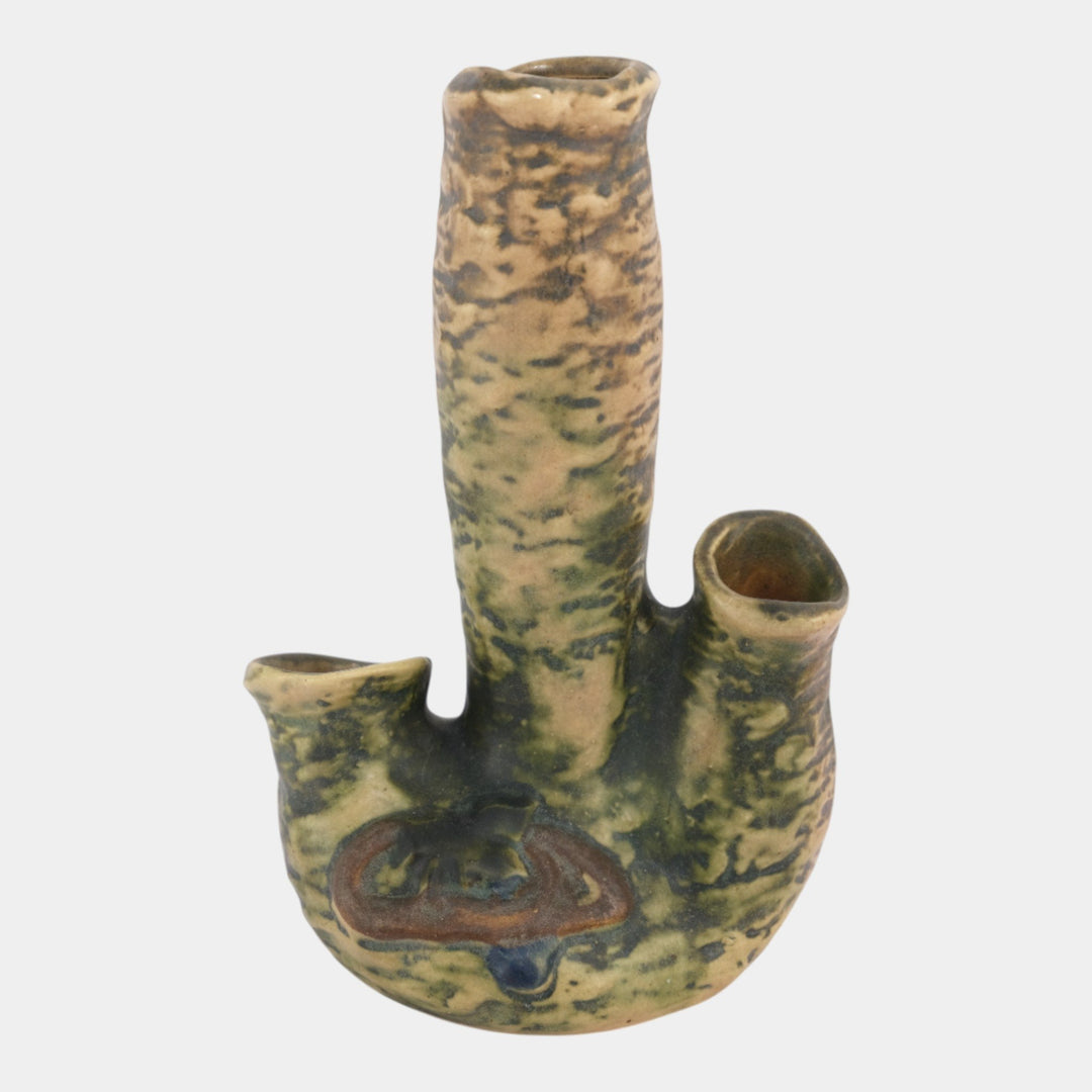 Roseville Imperial I 1921 Vintage Arts And Crafts Pottery Brown Triple Vase 29-8 - Just Art Pottery