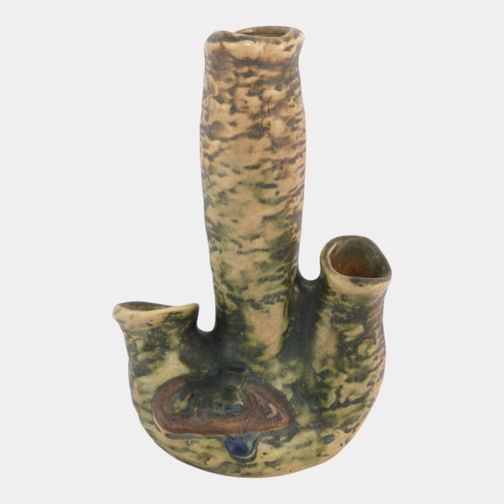 Roseville Imperial I 1921 Vintage Arts And Crafts Pottery Brown Triple Vase 29-8 - Just Art Pottery