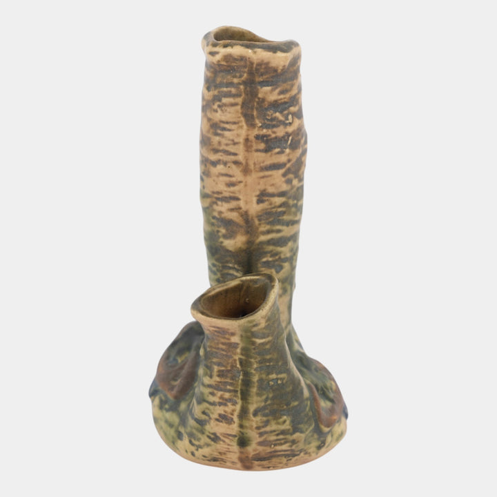 Roseville Imperial I 1921 Vintage Arts And Crafts Pottery Brown Triple Vase 29-8 - Just Art Pottery