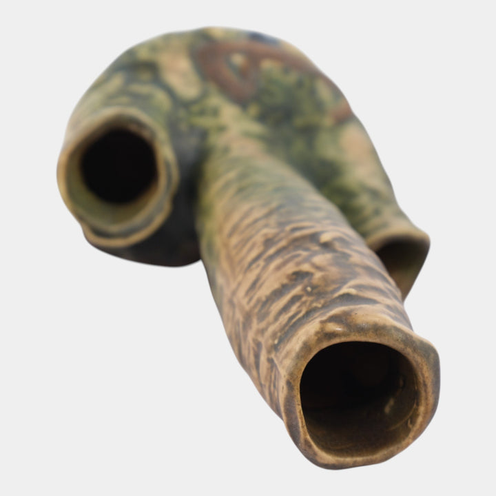 Roseville Imperial I 1921 Vintage Arts And Crafts Pottery Brown Triple Vase 29-8 - Just Art Pottery