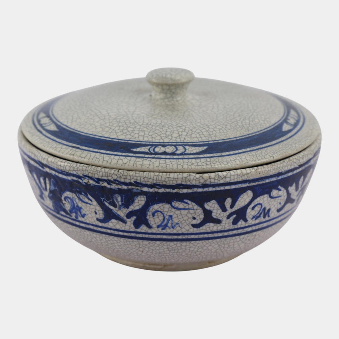 Dedham Pottery 1931 Blue White Rabbit Crackle Glaze Ceramic Lidded Bowl - Just Art Pottery