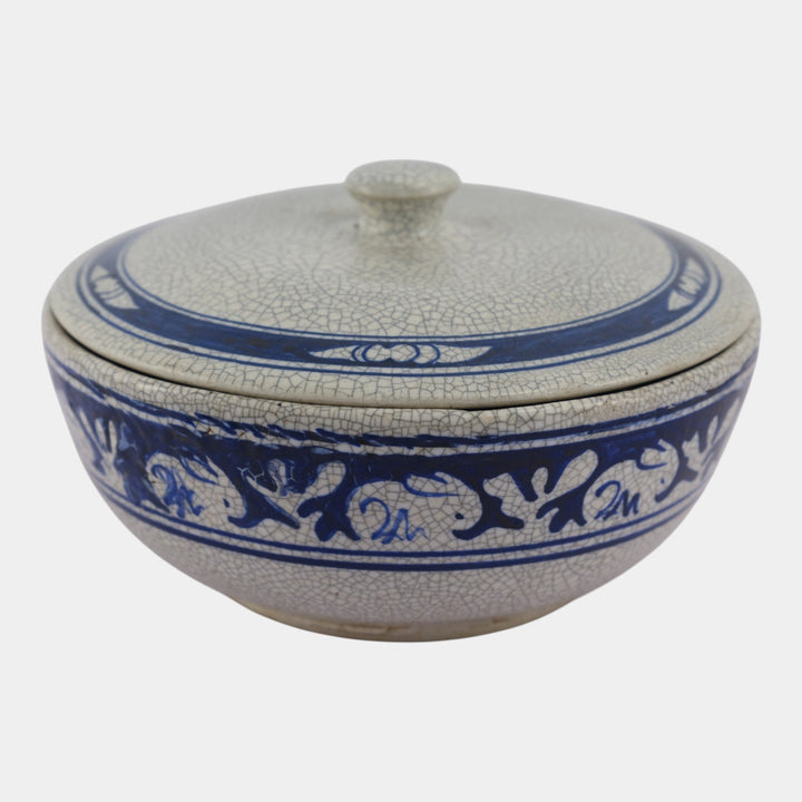 Dedham Pottery 1931 Blue White Rabbit Crackle Glaze Ceramic Lidded Bowl - Just Art Pottery