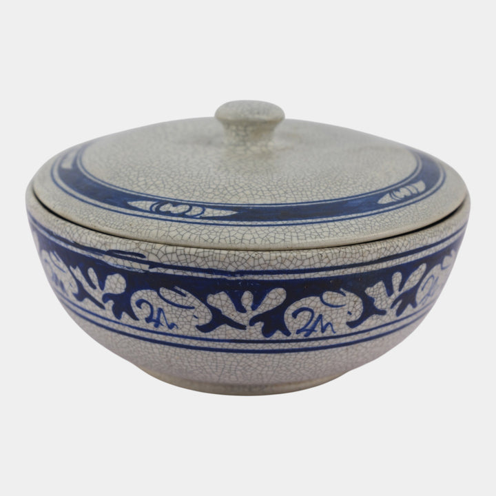 Dedham Pottery 1931 Blue White Rabbit Crackle Glaze Ceramic Lidded Bowl - Just Art Pottery