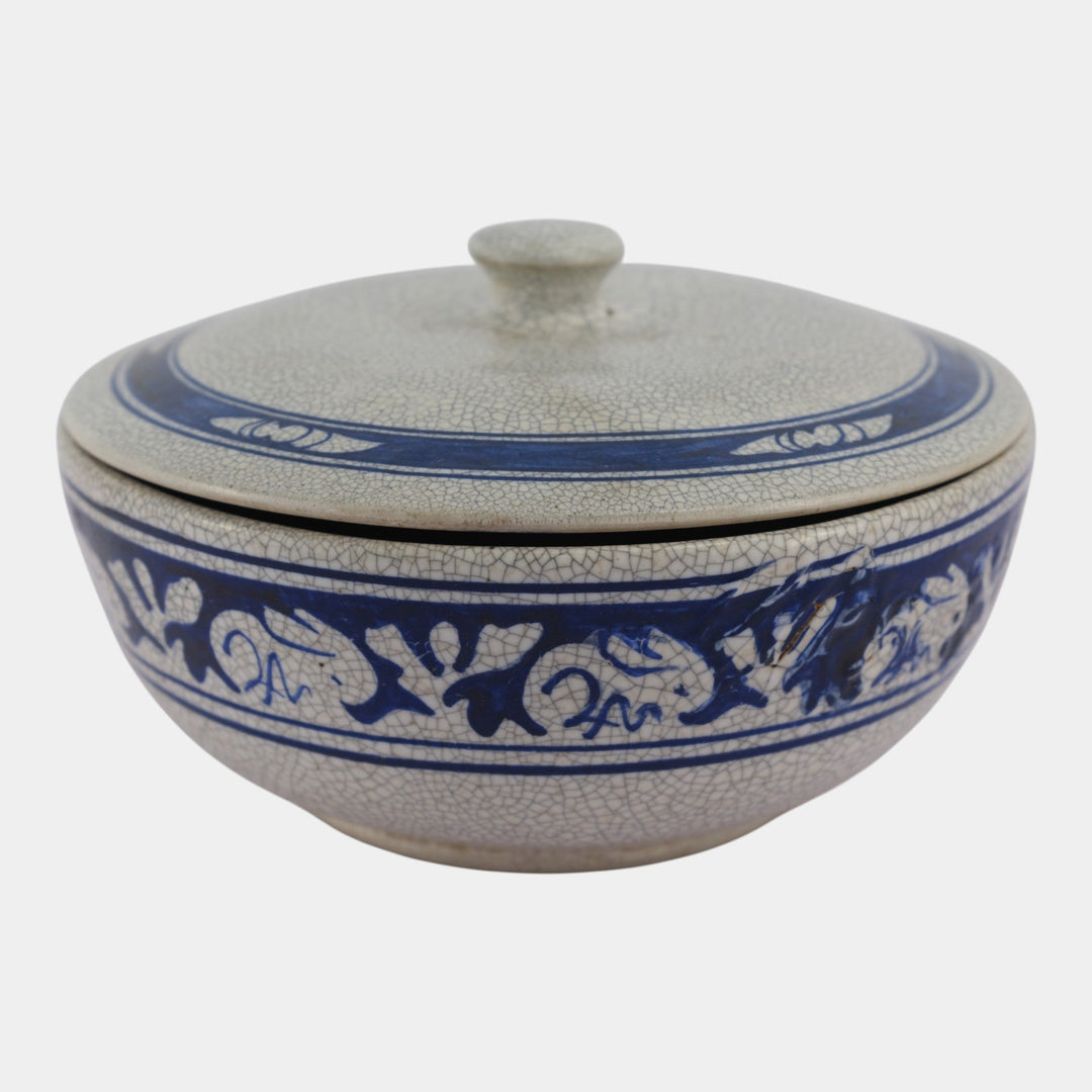 Dedham Pottery 1931 Blue White Rabbit Crackle Glaze Ceramic Lidded Bowl - Just Art Pottery