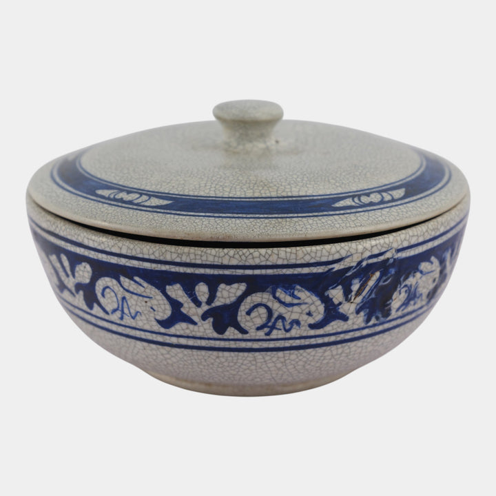 Dedham Pottery 1931 Blue White Rabbit Crackle Glaze Ceramic Lidded Bowl - Just Art Pottery