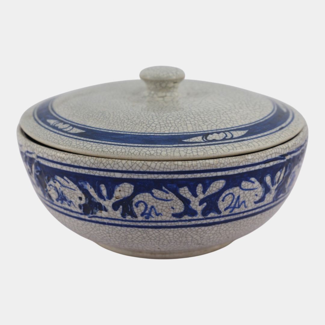 Dedham Pottery 1931 Blue White Rabbit Crackle Glaze Ceramic Lidded Bowl - Just Art Pottery