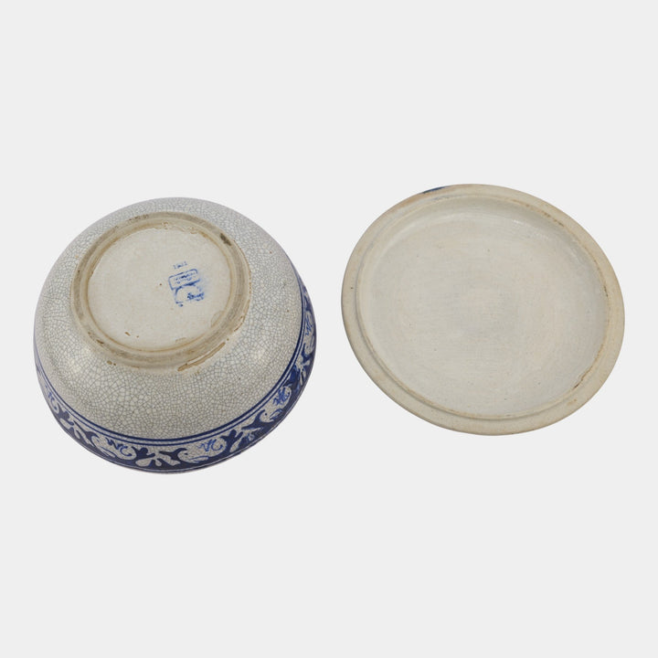 Dedham Pottery 1931 Blue White Rabbit Crackle Glaze Ceramic Lidded Bowl - Just Art Pottery