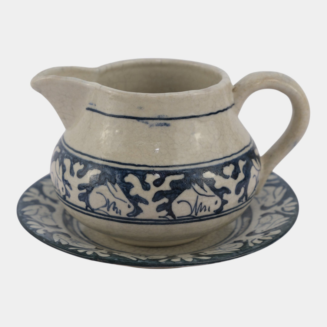 Dedham Pottery 1896-1928 Arts And Crafts Blue Rabbit Ceramic Creamer and Plate - Just Art Pottery