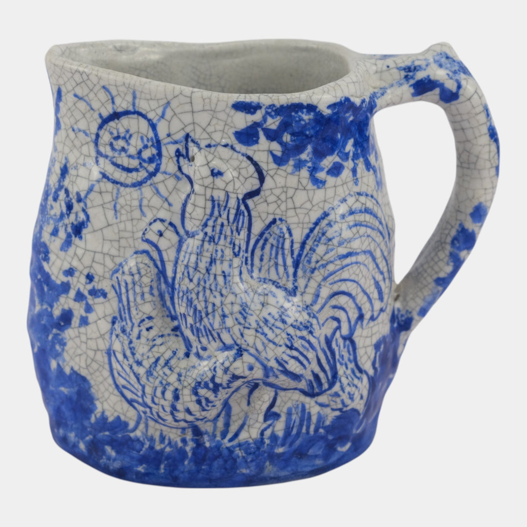 Dedham Pottery 1896-1928 Arts And Crafts Blue Day Night Rooster Owl Pitcher - Just Art Pottery