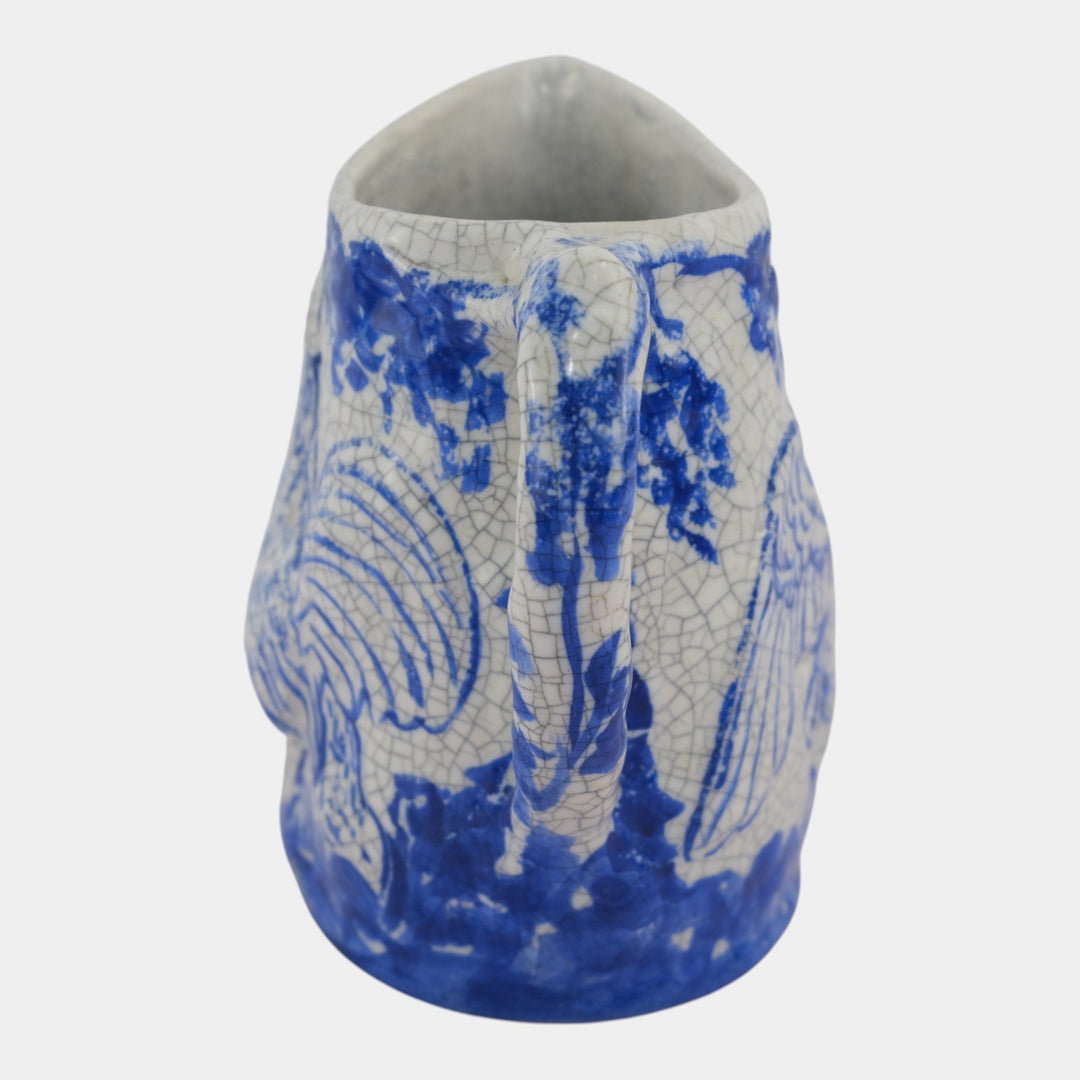 Dedham Pottery 1896-1928 Arts And Crafts Blue Day Night Rooster Owl Pitcher - Just Art Pottery