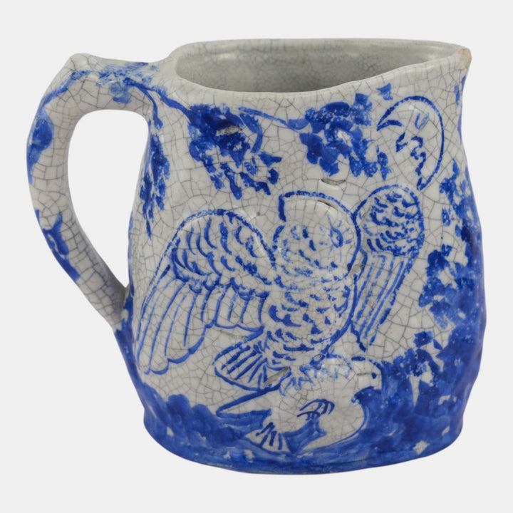 Dedham Pottery 1896-1928 Arts And Crafts Blue Day Night Rooster Owl Pitcher - Just Art Pottery