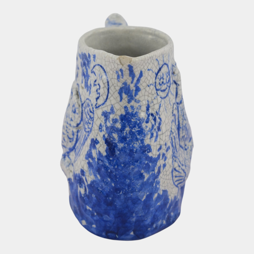 Dedham Pottery 1896-1928 Arts And Crafts Blue Day Night Rooster Owl Pitcher - Just Art Pottery