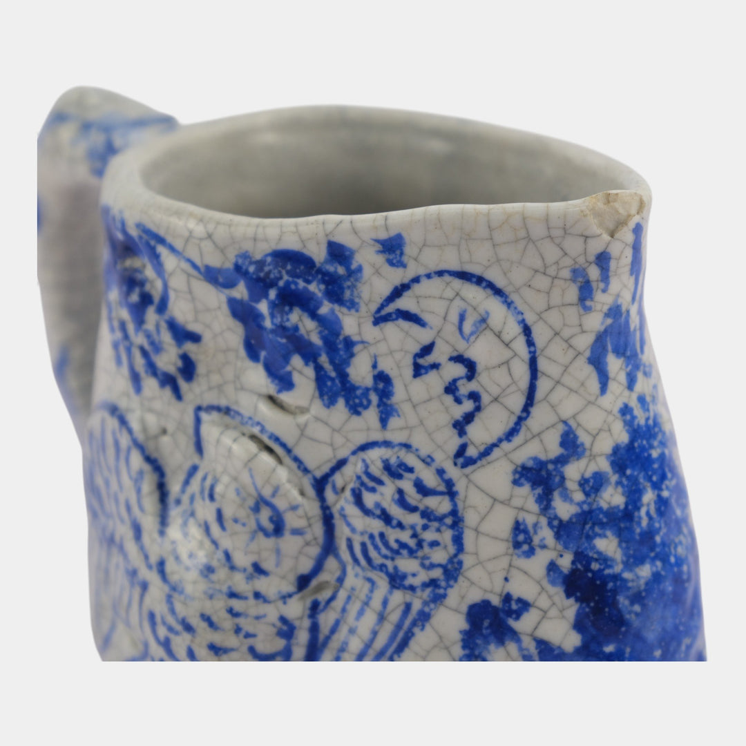 Dedham Pottery 1896-1928 Arts And Crafts Blue Day Night Rooster Owl Pitcher - Just Art Pottery