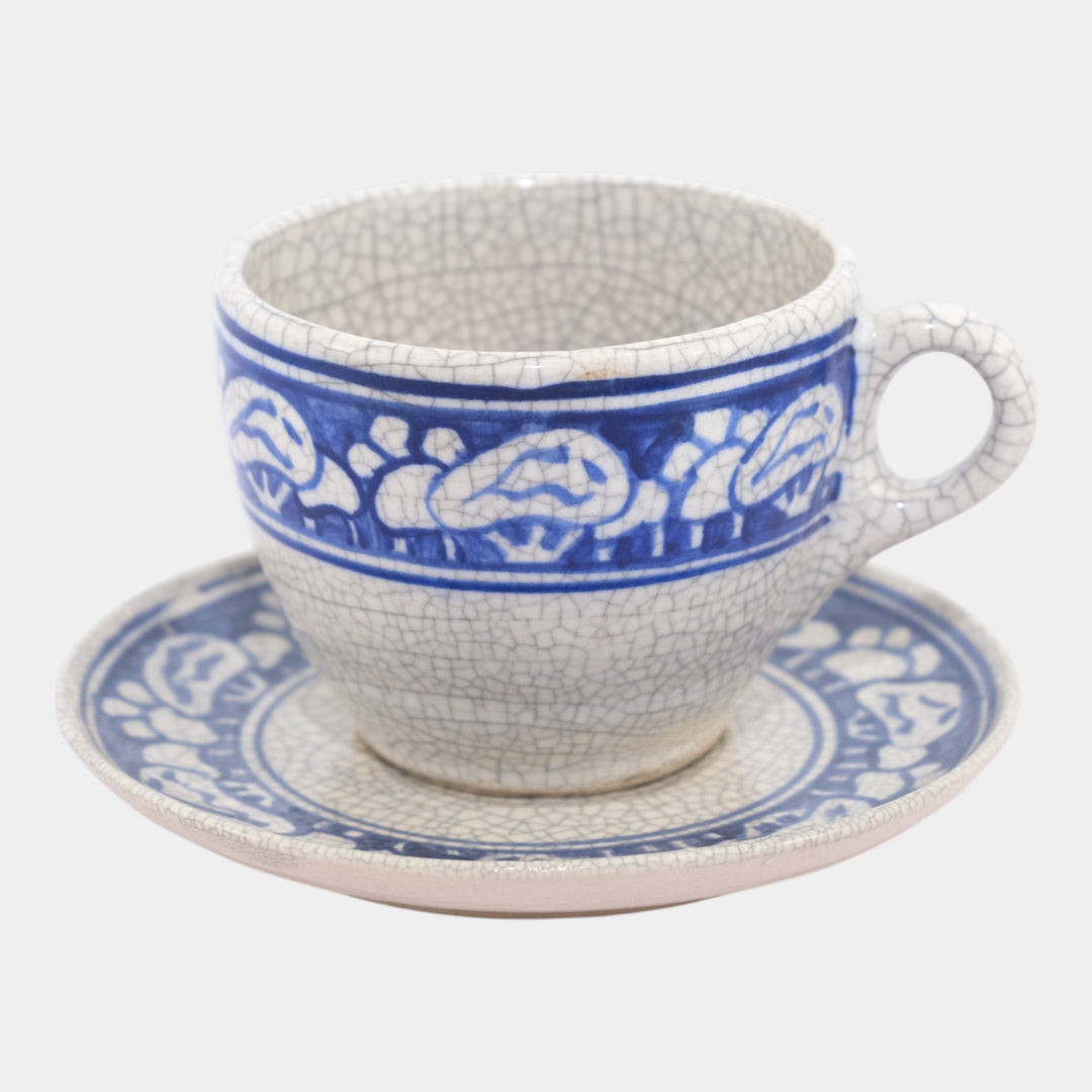 Dedham Pottery 1929-1943 Arts And Crafts Pottery Blue Snowtree Teacup and Saucer - Just Art Pottery