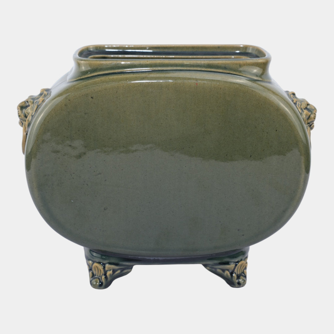 Chelsea Keramic Art Works 1880s Pottery Green Lion Heads Footed Pillow Vase - Just Art Pottery