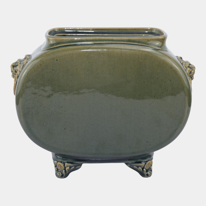 Chelsea Keramic Art Works 1880s Pottery Green Lion Heads Footed Pillow Vase
