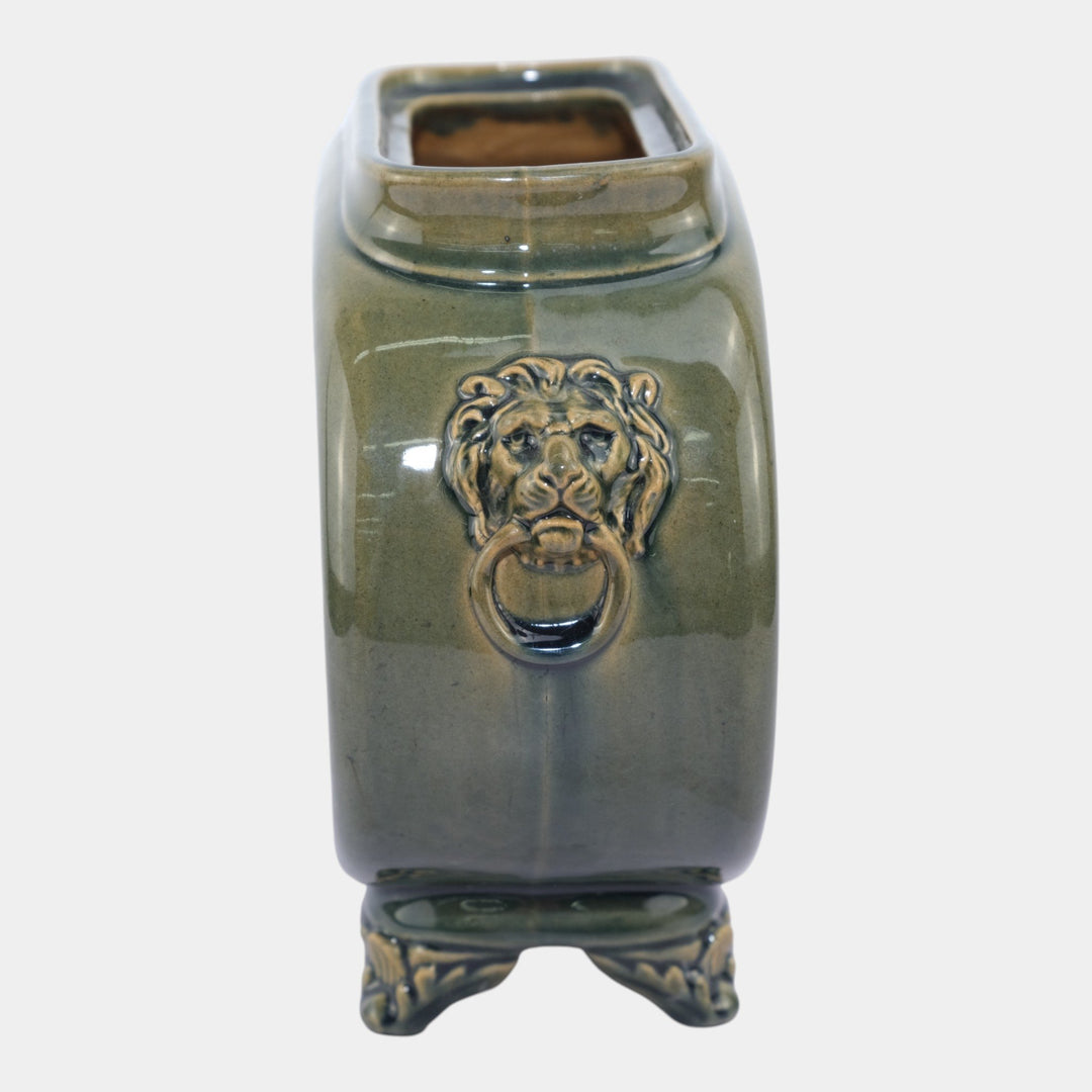Chelsea Keramic Art Works 1880s Pottery Green Lion Heads Footed Pillow Vase