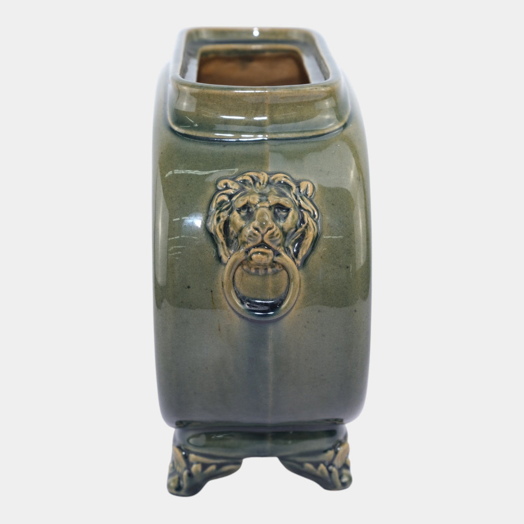 Chelsea Keramic Art Works 1880s Pottery Green Lion Heads Footed Pillow Vase