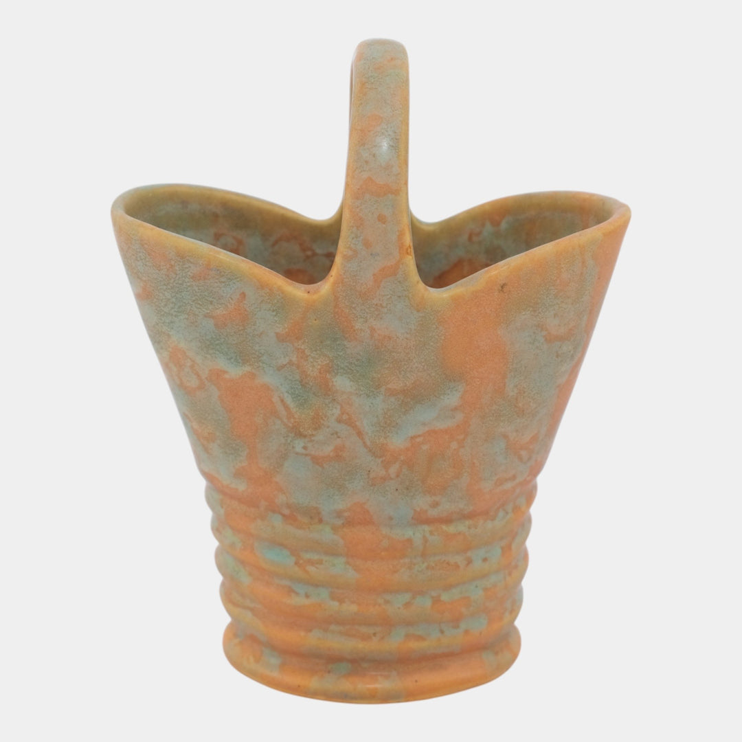 Weller Vintage Art Pottery Mottled Green Over Orange Ringed Handled Basket Vase - Just Art Pottery