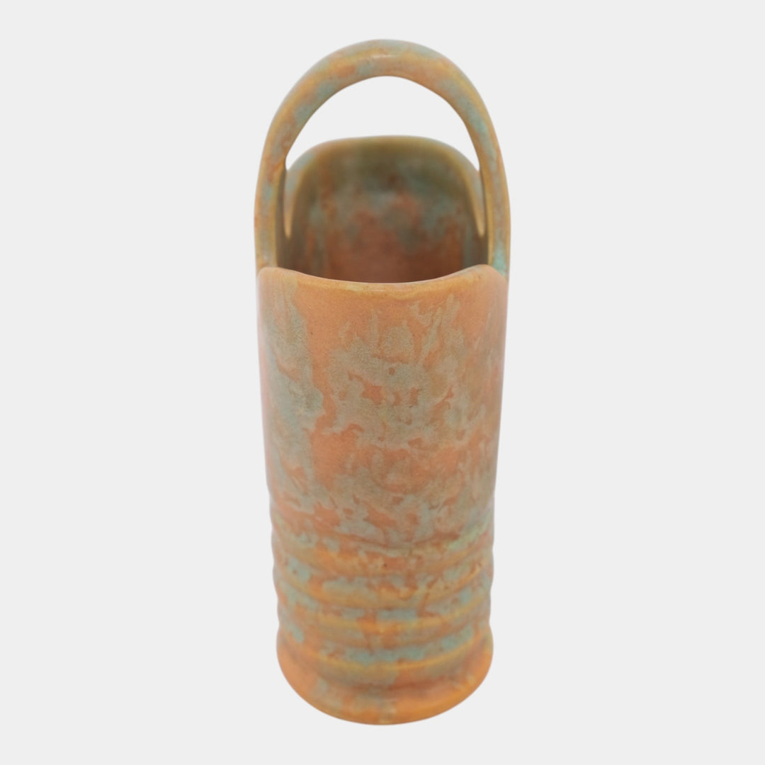 Weller Vintage Art Pottery Mottled Green Over Orange Ringed Handled Basket Vase - Just Art Pottery