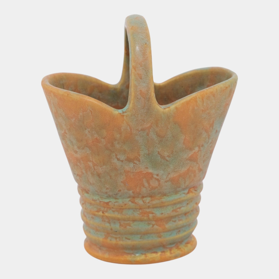 Weller Vintage Art Pottery Mottled Green Over Orange Ringed Handled Basket Vase - Just Art Pottery