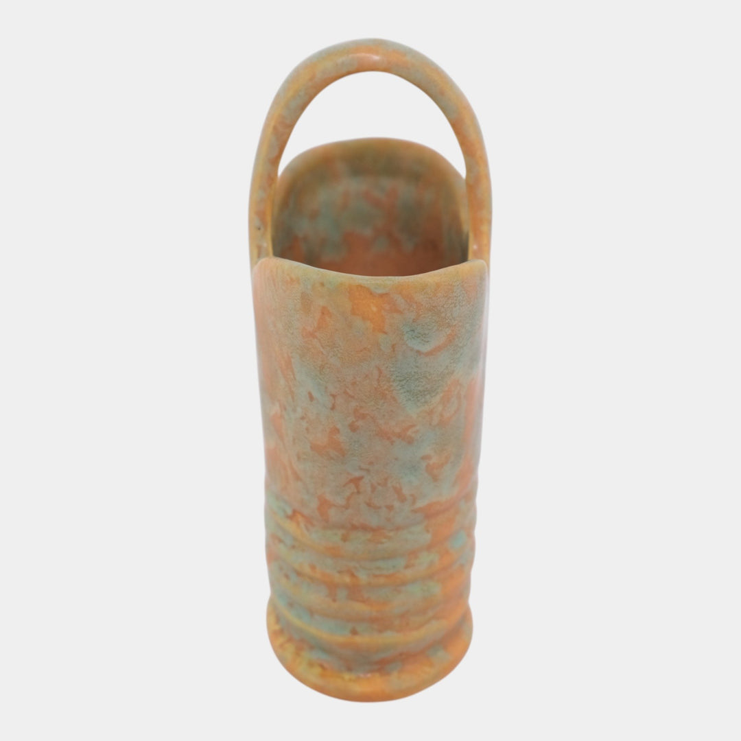 Weller Vintage Art Pottery Mottled Green Over Orange Ringed Handled Basket Vase - Just Art Pottery