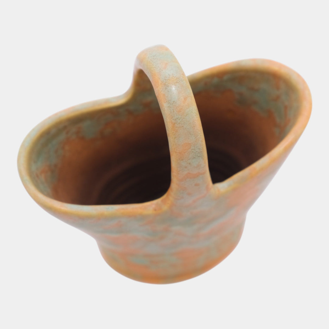 Weller Vintage Art Pottery Mottled Green Over Orange Ringed Handled Basket Vase - Just Art Pottery