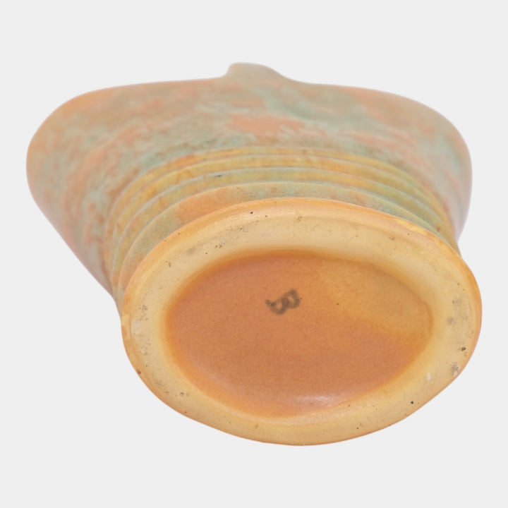 Weller Vintage Art Pottery Mottled Green Over Orange Ringed Handled Basket Vase - Just Art Pottery