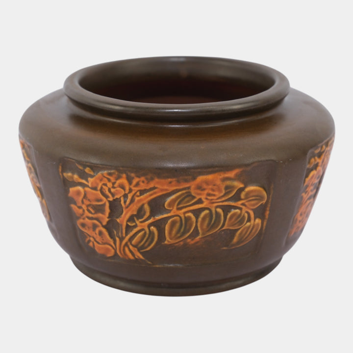 Roseville Rosecraft Panel 1926 Arts And Crafts Pottery Brown Botanical Bowl - Just Art Pottery