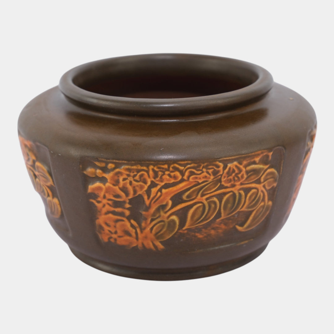 Roseville Rosecraft Panel 1926 Arts And Crafts Pottery Brown Botanical Bowl - Just Art Pottery