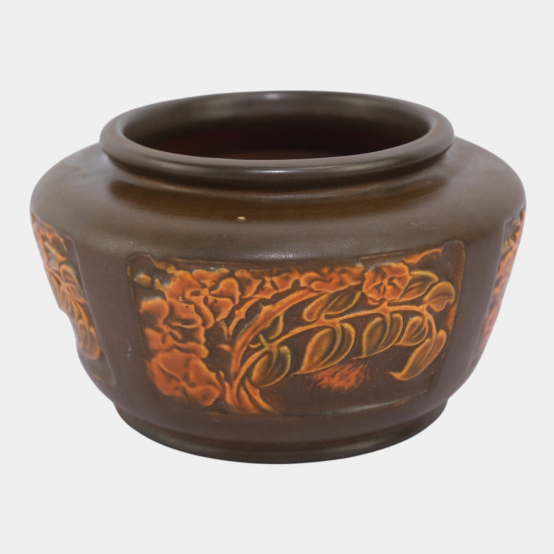 Roseville Rosecraft Panel 1926 Arts And Crafts Pottery Brown Botanical Bowl - Just Art Pottery