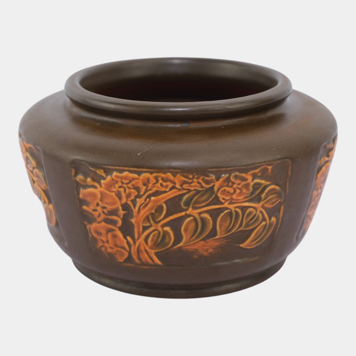 Roseville Rosecraft Panel 1926 Arts And Crafts Pottery Brown Botanical Bowl - Just Art Pottery