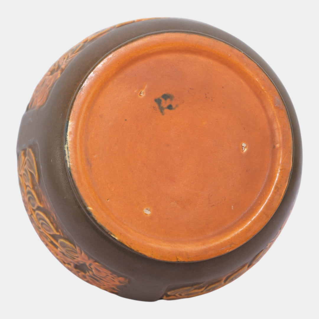 Roseville Rosecraft Panel 1926 Arts And Crafts Pottery Brown Botanical Bowl - Just Art Pottery