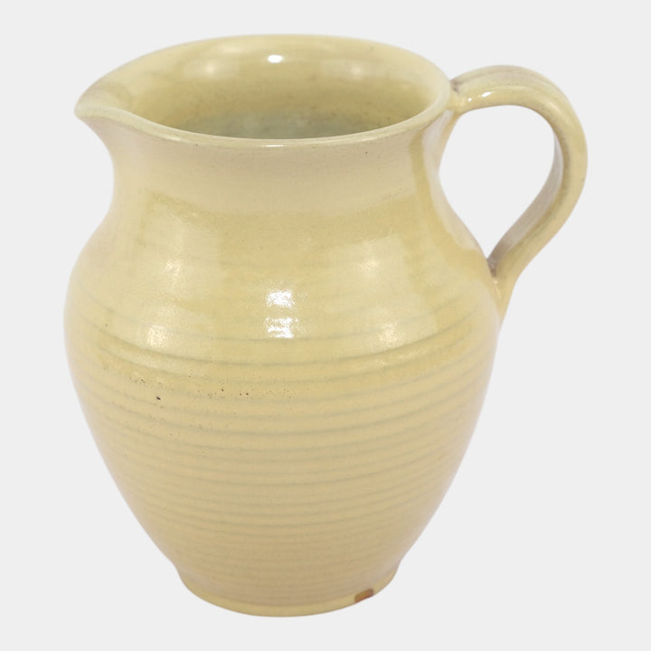 Marblehead Vintage Arts and Crafts Pottery Yellow Ringed Ceramic Handled Pitcher - Just Art Pottery